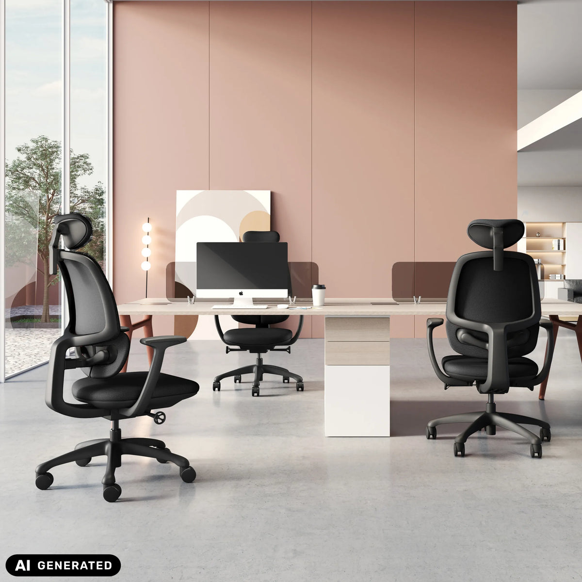 Trois sièges de bureau de qualité professionnelle RI-COVER noirs à un bureau de hjh OFFICE (image générée par IA)