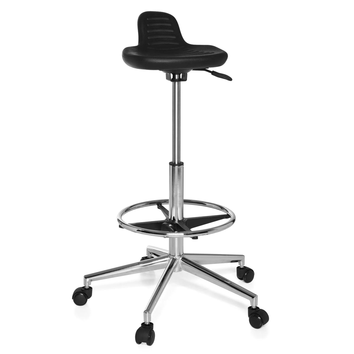 Tabouret pivotant noir TOP WORK 03 avec repose-pieds et base à cinq roulettes de hjh OFFICE – vue à 360° (vue de face 20°)