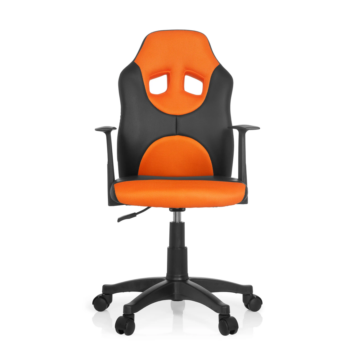 Chaise pivotante pour des enfants KID GAME AL noire et orange avec dossier en maille et base à cinq roulettes de hjh OFFICE – vue à 360° (vue de face 0°)