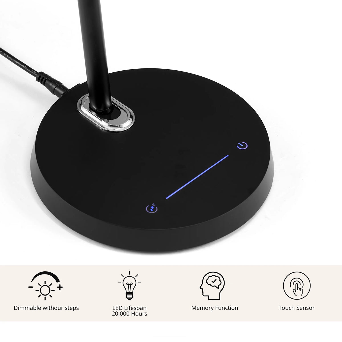 Pied de la lampe de bureau Lumanova D2 en noir avec capteur tactile et symboles de fonction bleus de hjh OFFICE