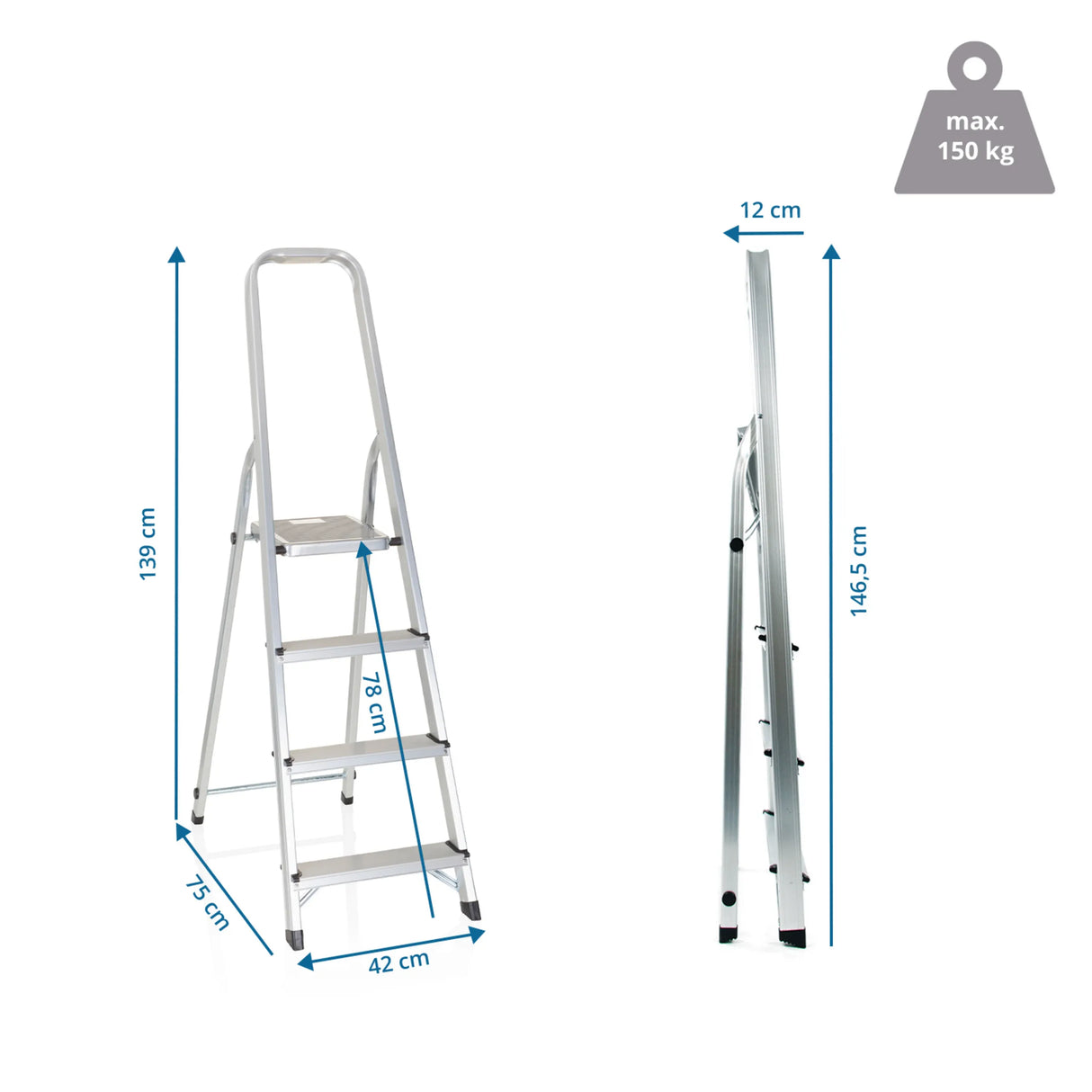 Dessin coté de l'Échelle pliante SOLID II d'une hauteur de 139 cm et d'une capacité de charge de 150 kg de hjh OFFICE