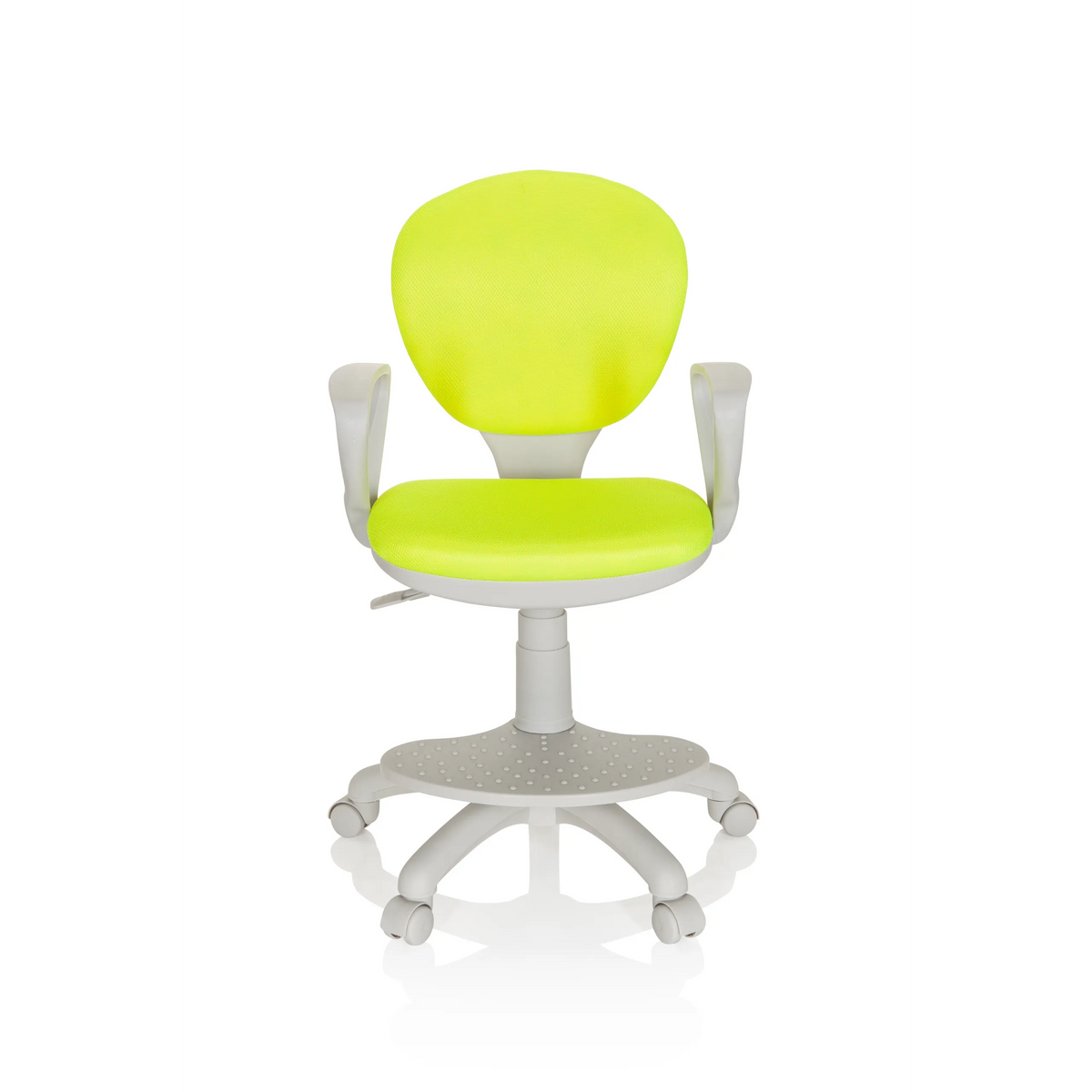 Chaise pivotante pour des enfants KID COLOUR G1 verte avec accoudoirs gris et piètement à cinq roulettes de hjh OFFICE – vue à 360° (vue de face 0°)