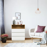 Commode MELMO K en blanc et chêne avec trois tiroirs et un compartiment ouvert de hjh LIVING