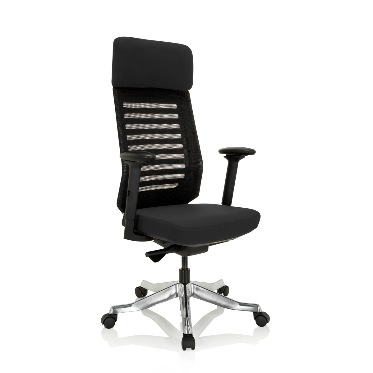 Siège de bureau de qualité professionnelle ASGON noir avec dossier en maille et piètement à cinq roulettes de hjh OFFICE – vue à 360° (vue de trois quarts avant 40°)