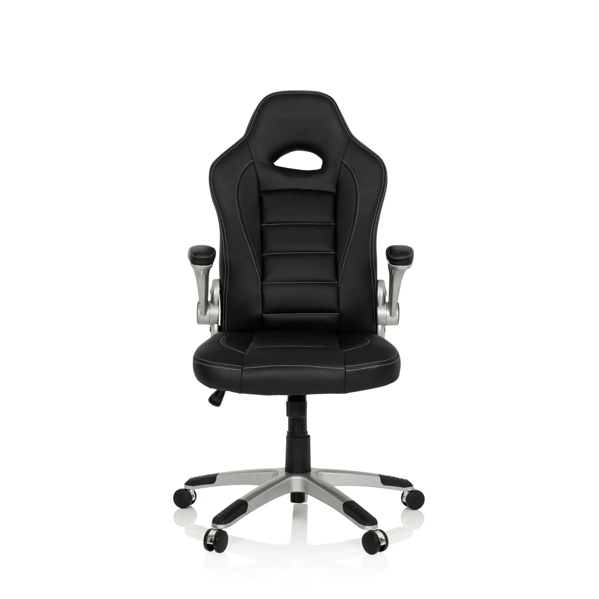 Fauteuil Gamer noir GAME SPORT avec appui-tête, accoudoirs et piètement argenté à cinq roulettes de hjh OFFICE – vue à 360° (vue de face 0°)
