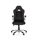 Fauteuil Gamer noir GAME SPORT avec appui-tête, accoudoirs et piètement argenté à cinq roulettes de hjh OFFICE – vue à 360° (vue de face 0°)