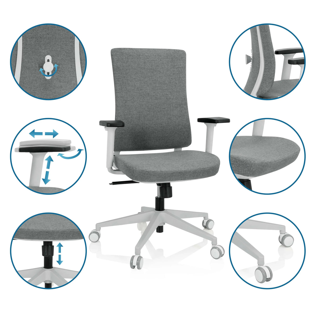 Siège de bureau de qualité professionnelle COMFIO WP en gris avec vues détaillées des fonctions réglables et des roulettes de hjh OFFICE