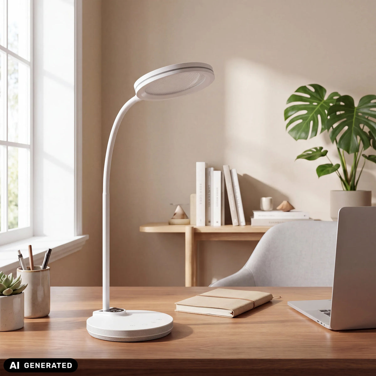 Lampe de bureau Lumanova D5 blanche avec col courbé sur une table en bois de hjh OFFICE (image générée par IA)