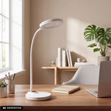 Lampe de bureau Lumanova D5 blanche avec col courbé sur une table en bois de hjh OFFICE (image générée par IA)