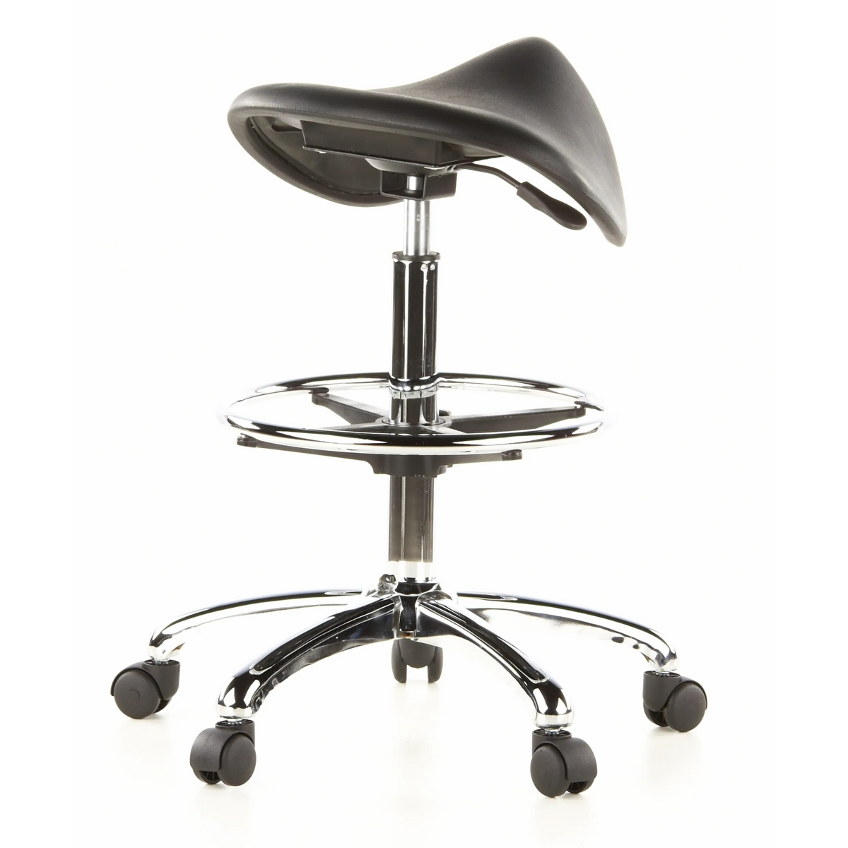 Tabouret de selle TOP WORK 13 noir avec repose-pieds et base à cinq roulettes de hjh OFFICE – vue à 360° (vue de trois quarts arrière 140°)