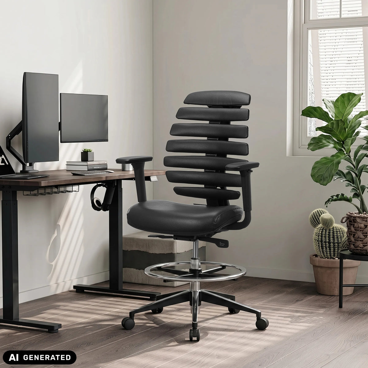 Chaise de comptoir ERGO LINE II WORK noire en similicuir avec repose-pieds de hjh OFFICE (image générée par IA)