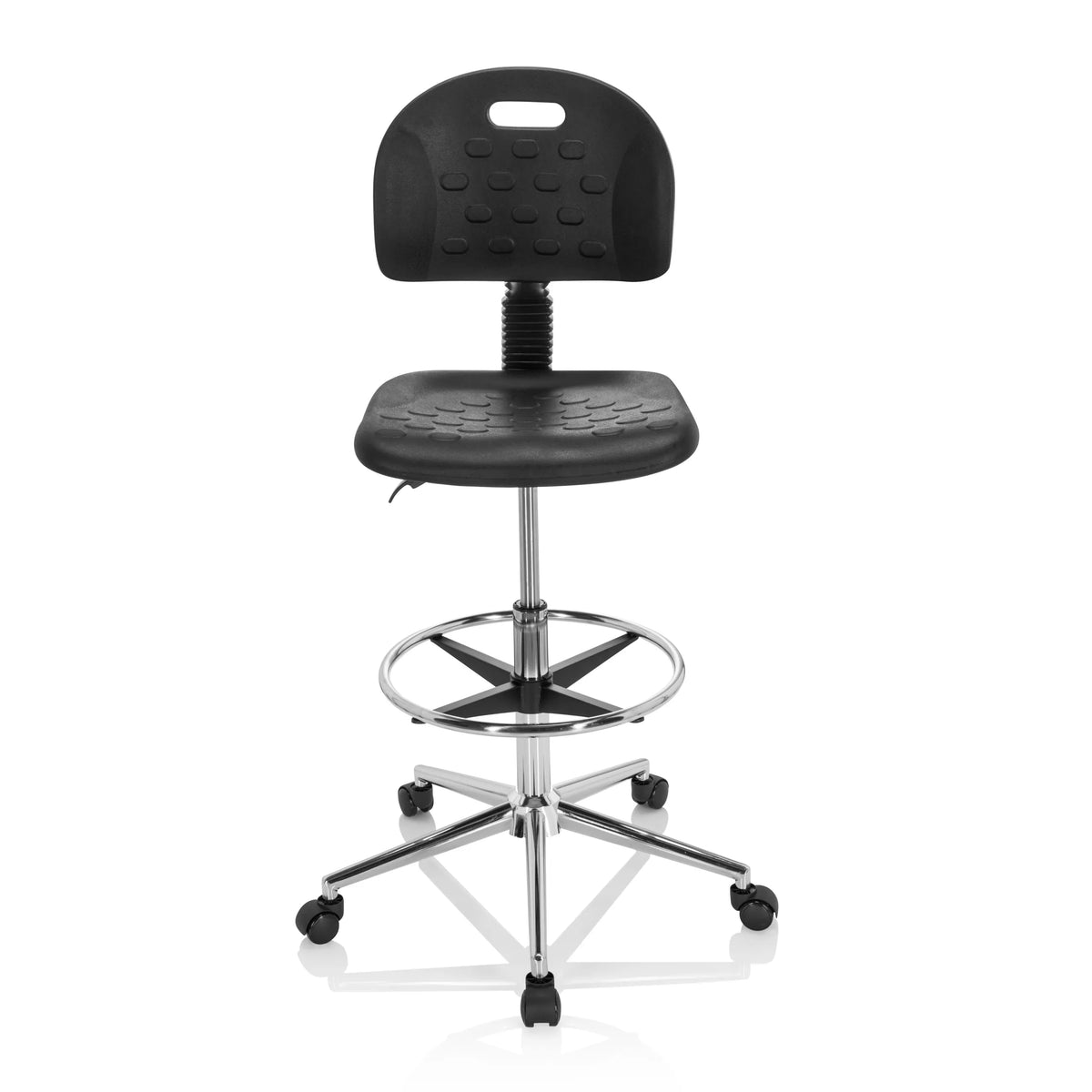 Chaise de comptoir TOP WORK 23 I noire avec repose-pieds et base à cinq roulettes de hjh OFFICE – vue à 360° (vue de face 0°)
