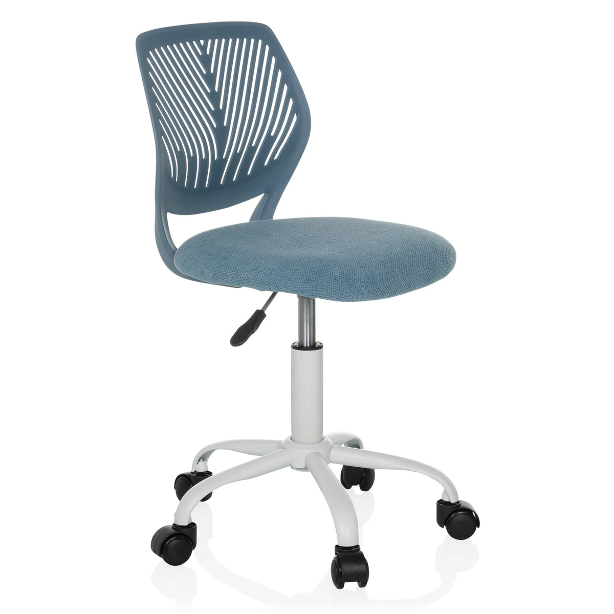 Chaise pivotante pour des enfants KID QW bleue avec dossier perforé et base blanche à cinq roulettes de hjh OFFICE – vue à 360° (vue de trois quarts avant 45°)