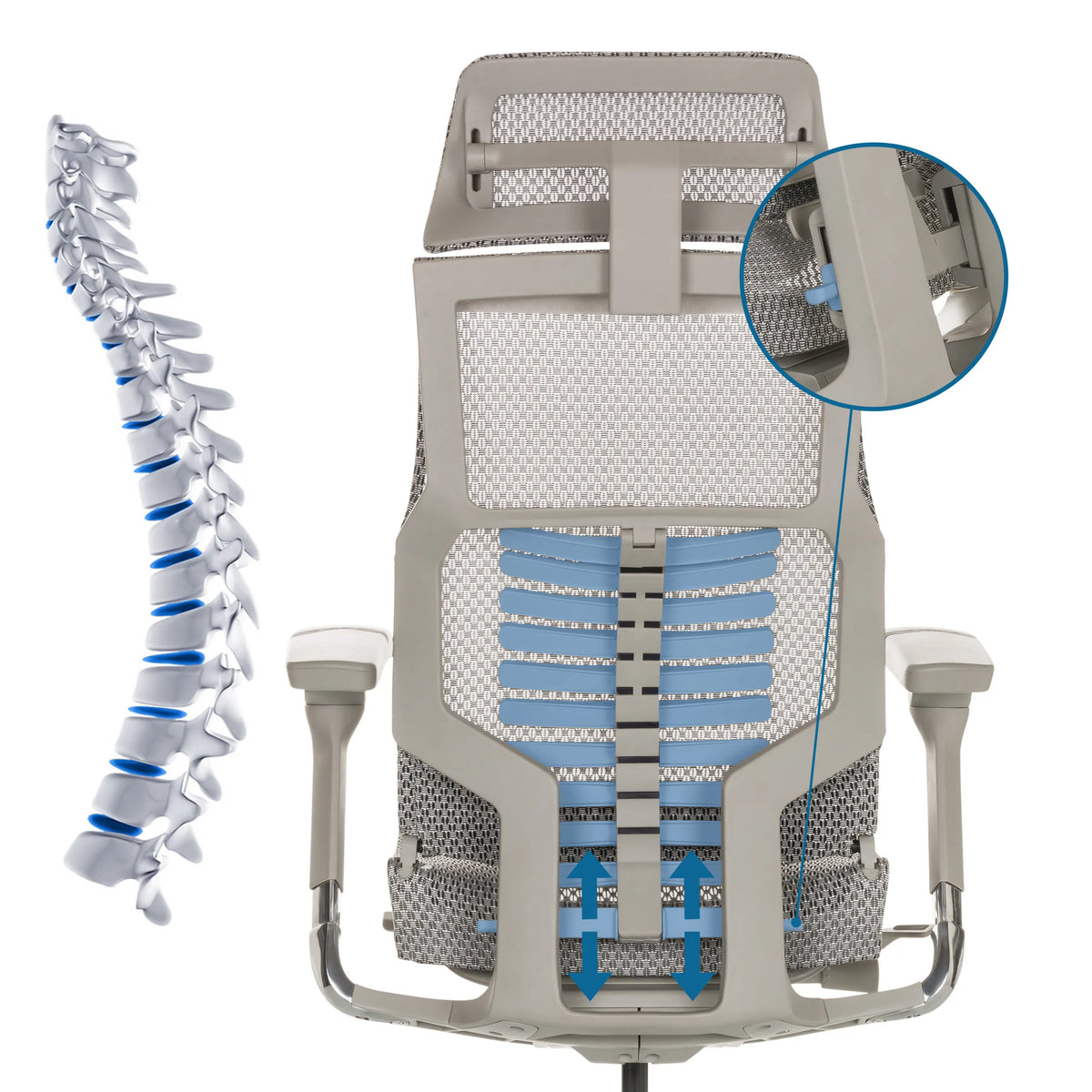 Rückenansicht mit Lordosenstütze des High-End-Bürostuhls POFIT G GEN2 in Hellgrau von hjh OFFICE