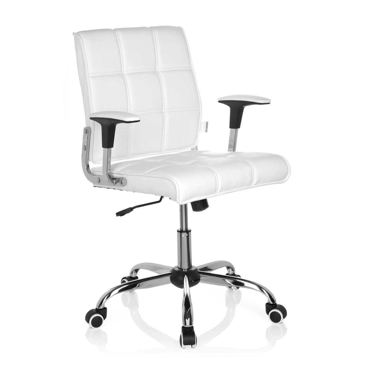Siège de bureau à domicile ERNESTO blanc avec rembourrage capitonné et base à cinq roulettes de hjh OFFICE – vue à 360° (vue de trois quarts avant 40°)