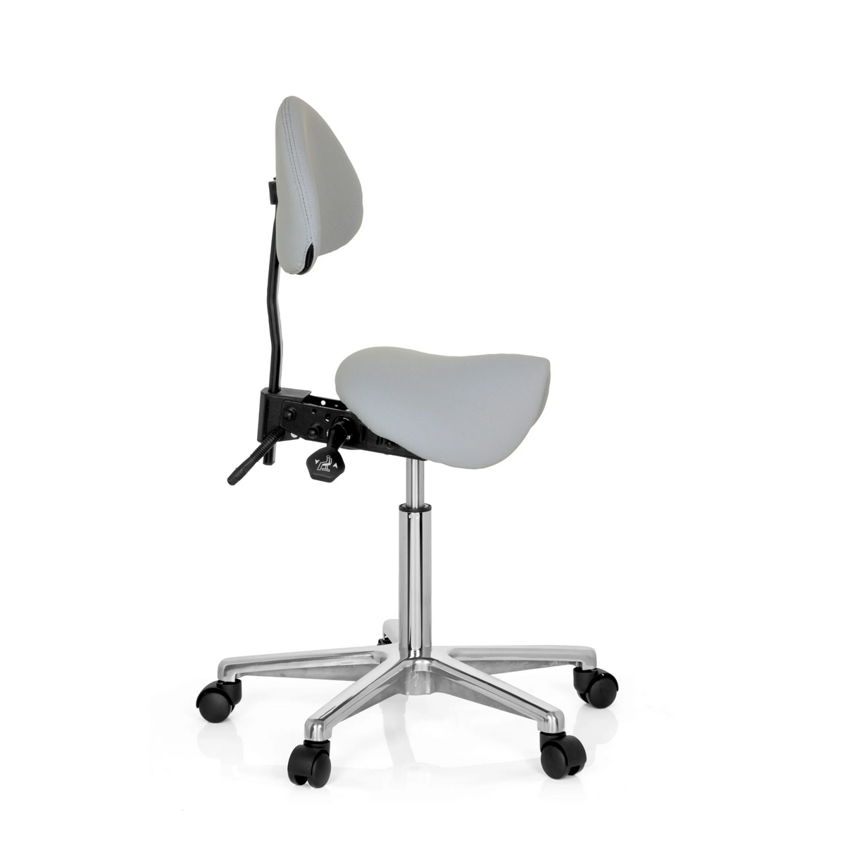 Tabouret de selle TOP WORK 20 gris avec dossier et base à cinq roulettes de hjh OFFICE – vue à 360° (vue de profil 80°)