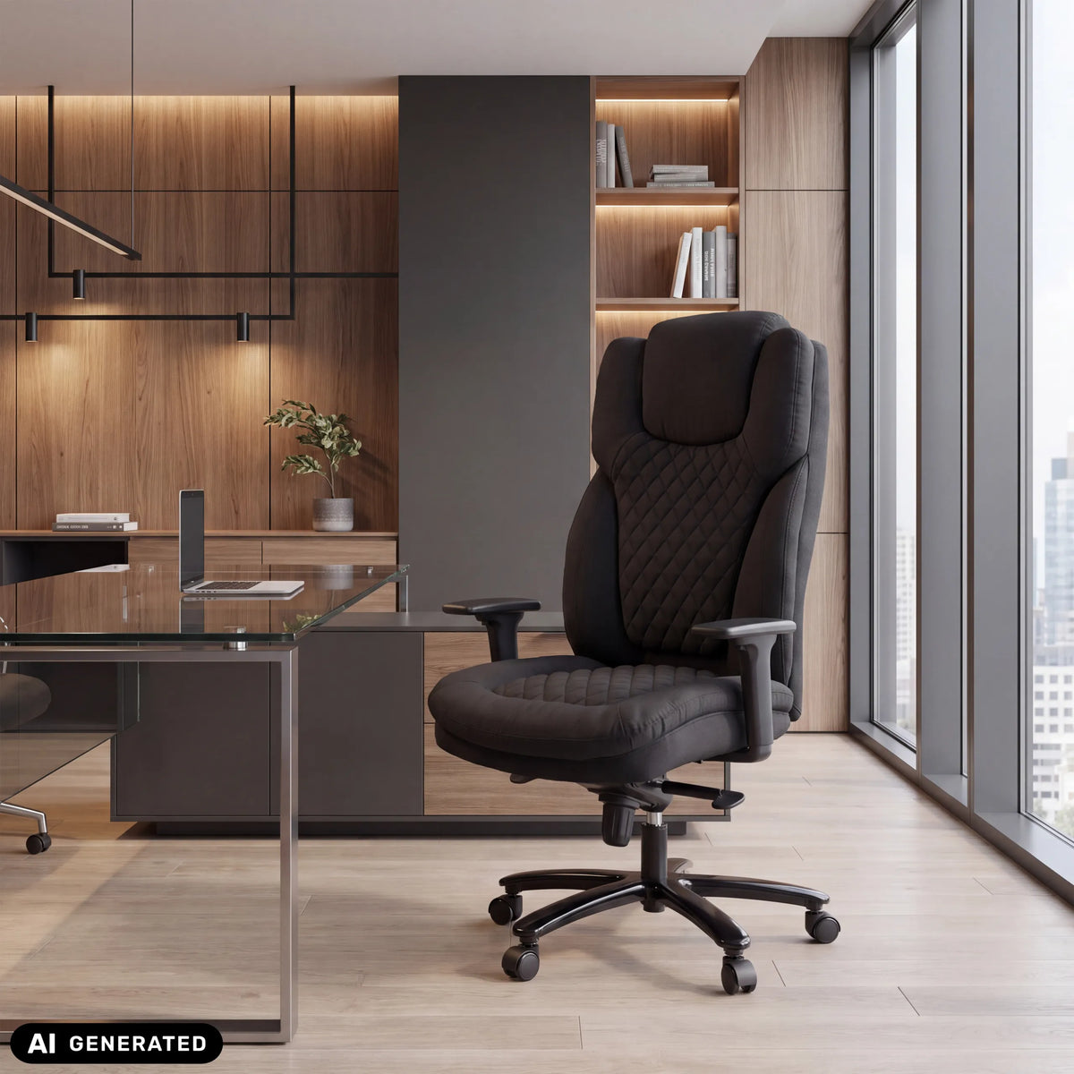 Siège pivotant XXL Pullmann Gen2 noir avec revêtement en tissu matelassé et accoudoirs dans un bureau moderne de hjh OFFICE
