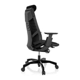 Siège de bureau haut de gamme GENIDIA BLACK noir avec revêtement en tissu et piètement à cinq roulettes de hjh OFFICE – vue à 360° (vue de trois quarts arrière 120°)