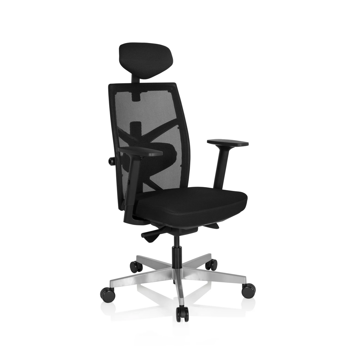 Siège de bureau de qualité professionnelle BELLAC noir, dossier maille, appui-tête et base 5 roulettes de hjh OFFICE – vue à 360° (vue de trois quarts avant 40°)