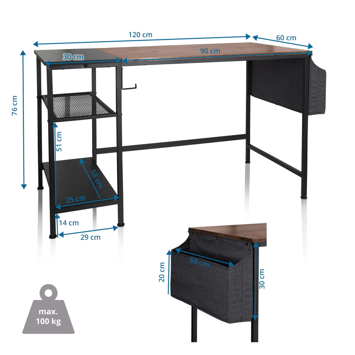 Dessin technique du Bureau WORKSPACE H I de 120 × 60 cm et d'une capacité de charge de 100 kg de hjh OFFICE