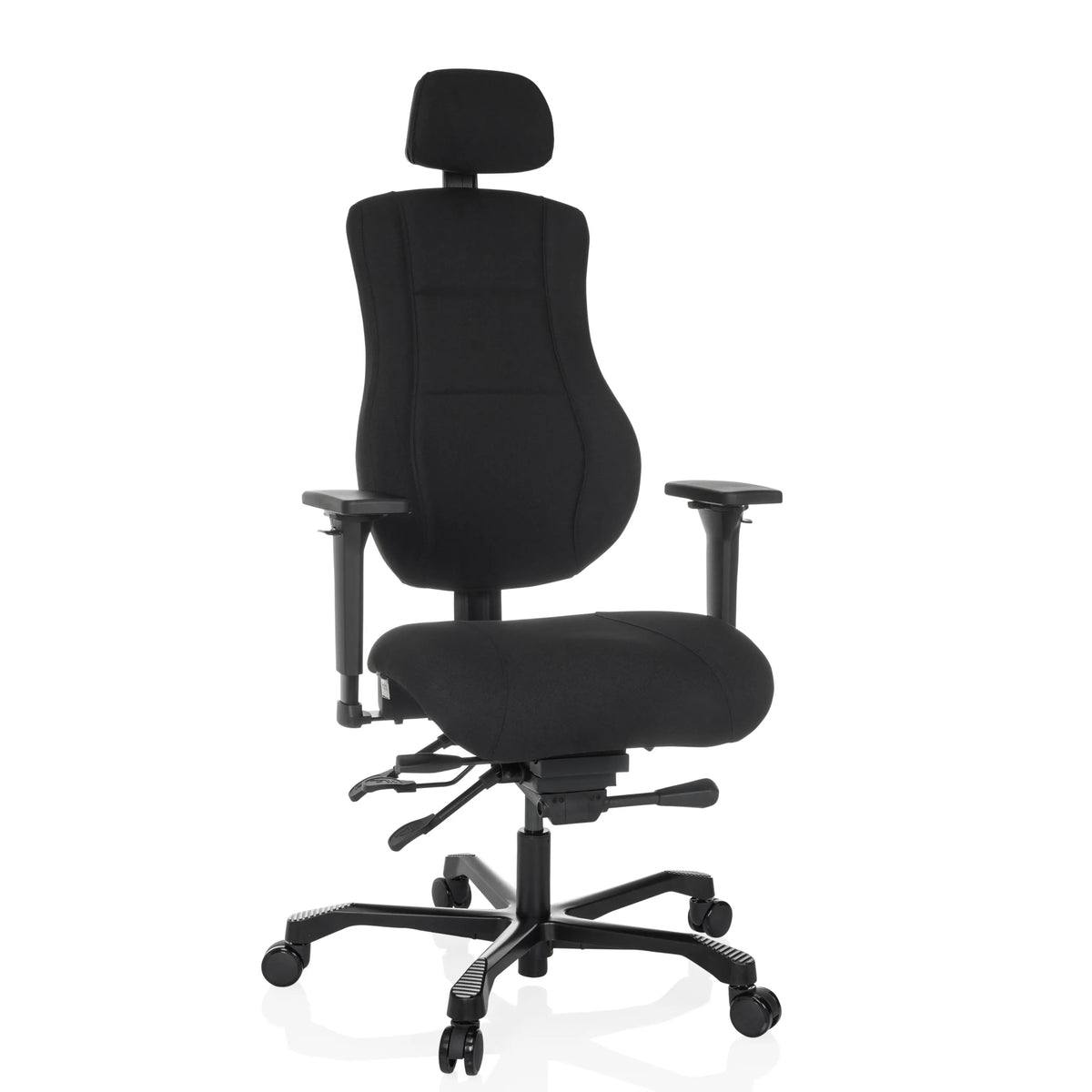 Siège pivotant XXL 24 HOURS BASIC noir avec appui-tête et piètement à cinq roulettes de hjh OFFICE – vue à 360° (vue de face 15°)