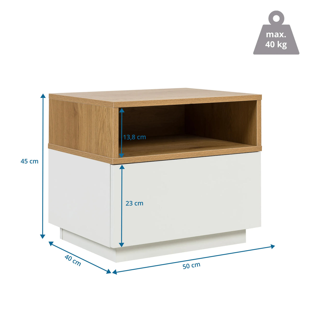 Dessin coté de la Table d'appoint MELMO en blanc et chêne, 50 × 40 cm, de hjh LIVING