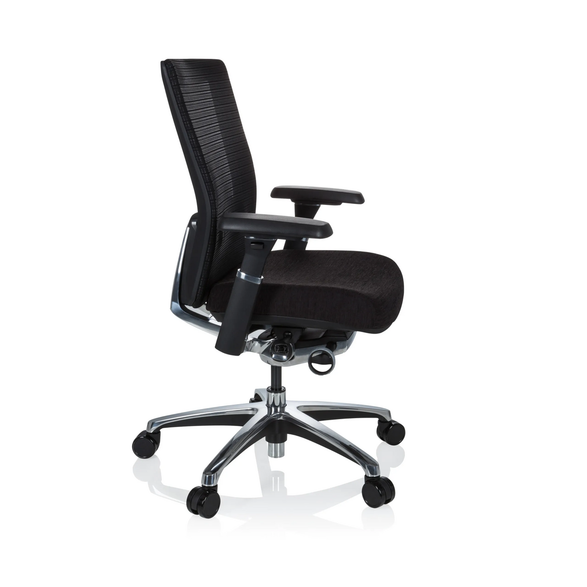 Siège de bureau haut de gamme NOVA PRO ALU noir avec dossier en maille et base à cinq roulettes de hjh OFFICE – vue à 360° (vue de profil 80°)