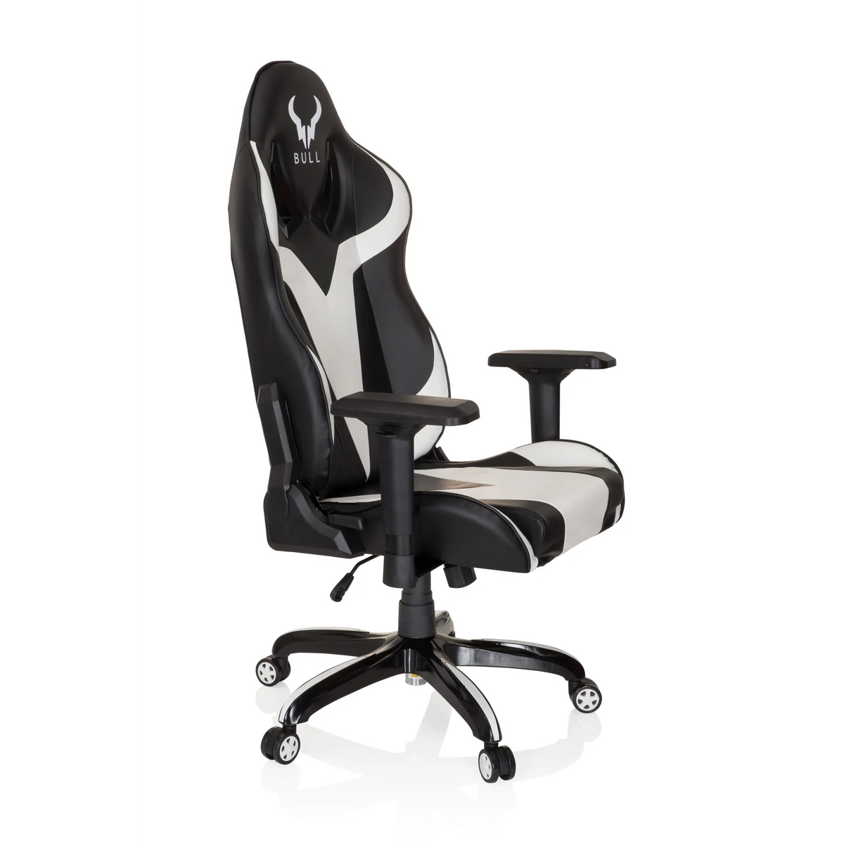 Fauteuil Gamer PROMOTER I noir et blanc avec accoudoirs et base à cinq roulettes de hjh OFFICE – vue à 360° (vue de trois quarts avant 60°)