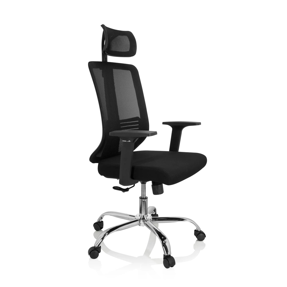 Siège de bureau à domicile ZH 200 noir avec dossier en maille et base à cinq roulettes de hjh OFFICE – vue à 360° (vue de trois quarts avant 60°)