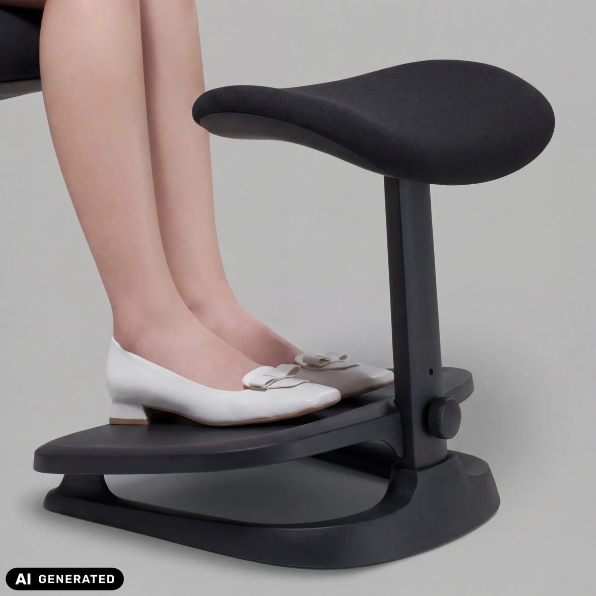 Schwarze Fußablage LiberNovo Omni StepSync mit einer Person in weißen Schuhen von Libernovo (KI-generiertes Bild)