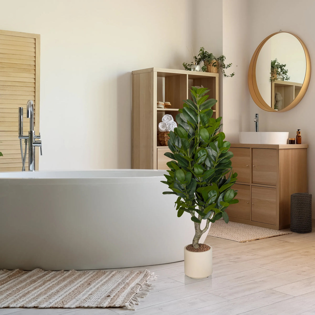 Plante artificielle Garcinia verte avec un cache-pot blanc dans une salle de bain lumineuse de hjh OFFICE