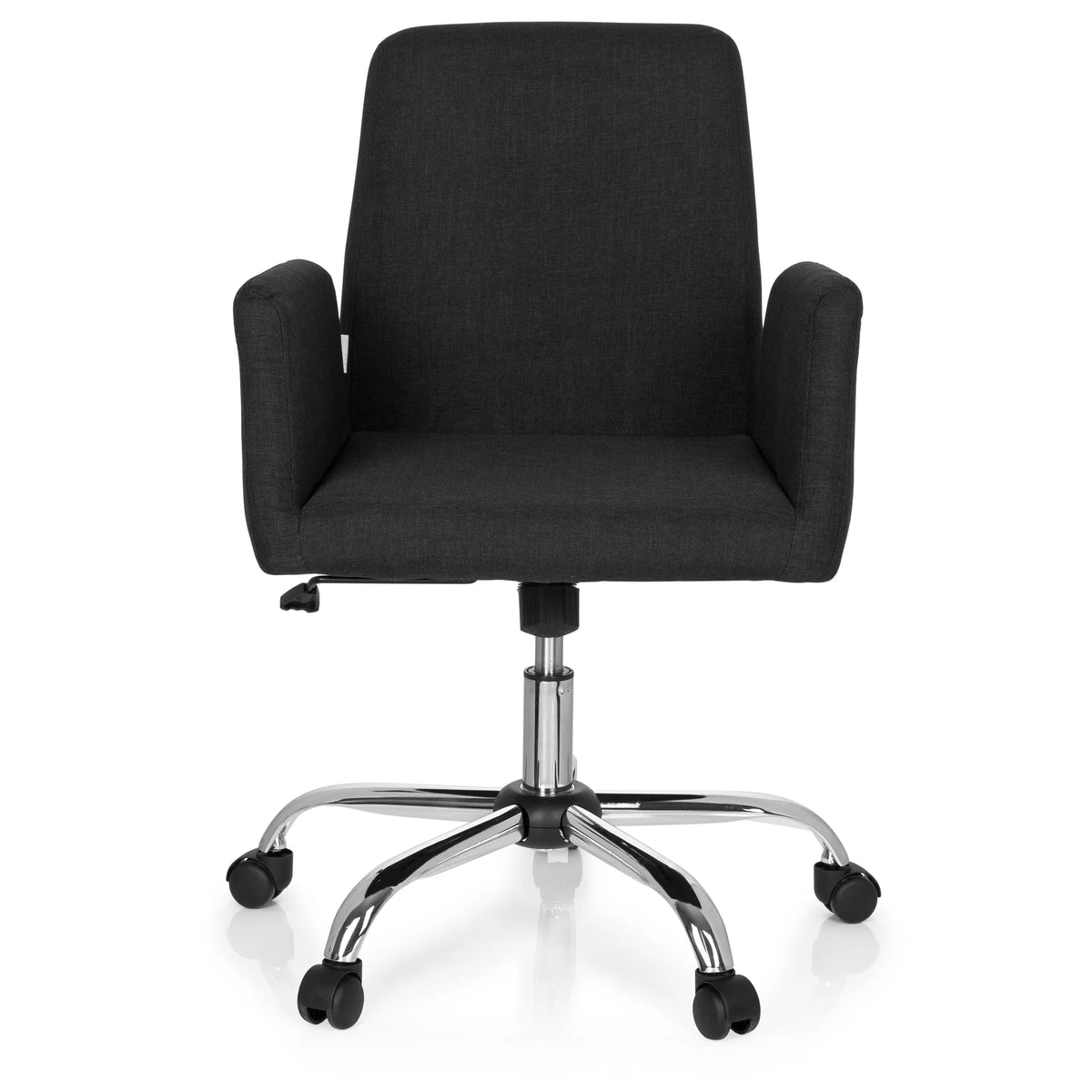 Siège de bureau à domicile FLOW noir avec accoudoirs et pied à cinq roulettes brillant de hjh OFFICE – vue à 360° (vue de face 0°)