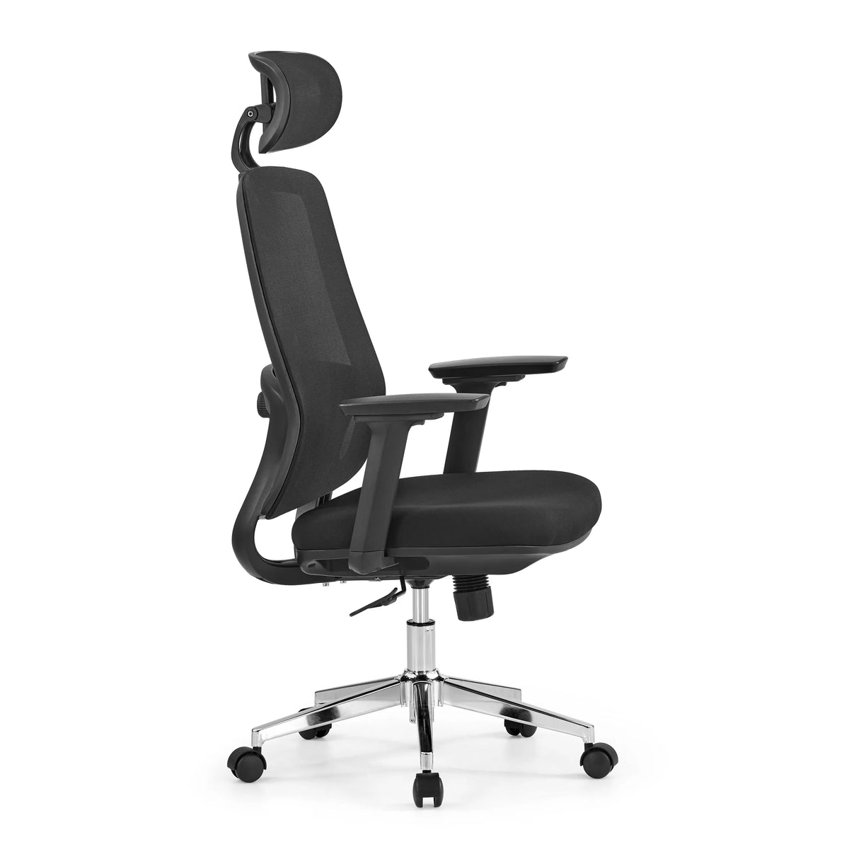 Siège de bureau de qualité professionnelle Ergosento noir avec dossier en maille, appui-tête et piètement à cinq roulettes de hjh OFFICE – vue à 360° (vue de profil 75°)