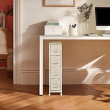 Commode beige FOLDRESS S avec quatre tiroirs en tissu sous un bureau blanc de hjh LIVING