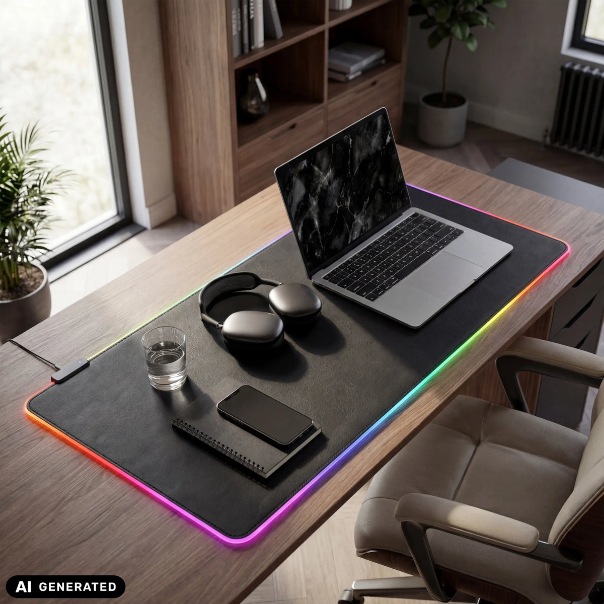 Sous-main de bureau Padflux Game en noir avec bande lumineuse RGB colorée sur le bord de hjh OFFICE (image générée par IA)