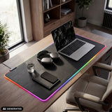 Sous-main de bureau Padflux Game en noir avec bande lumineuse RGB colorée sur le bord de hjh OFFICE (image générée par IA)