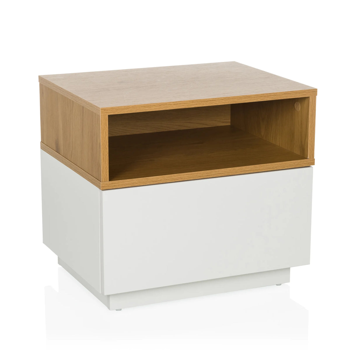 Table d'appoint MELMO blanche avec une étagère effet chêne de hjh LIVING – vue à 360° (vue de face 15°)