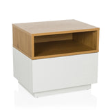 Table d'appoint MELMO blanche avec une étagère effet chêne de hjh LIVING – vue à 360° (vue de face 15°)