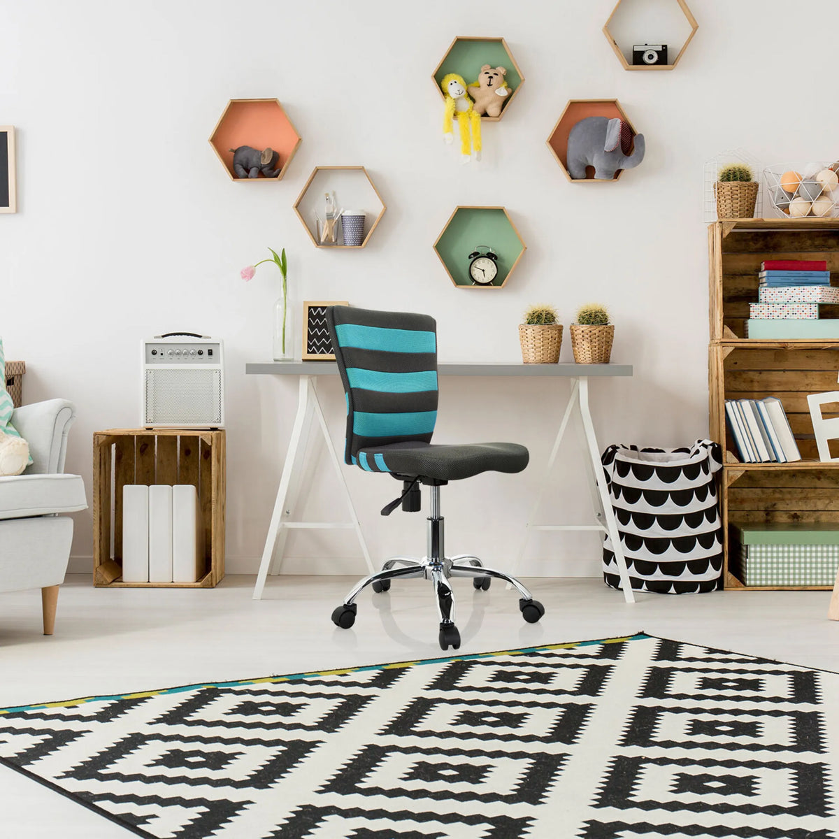 Chaise pivotante pour des enfants KIDDY COMFORT I en gris et turquoise avec pied à roulettes en métal de hjh OFFICE
