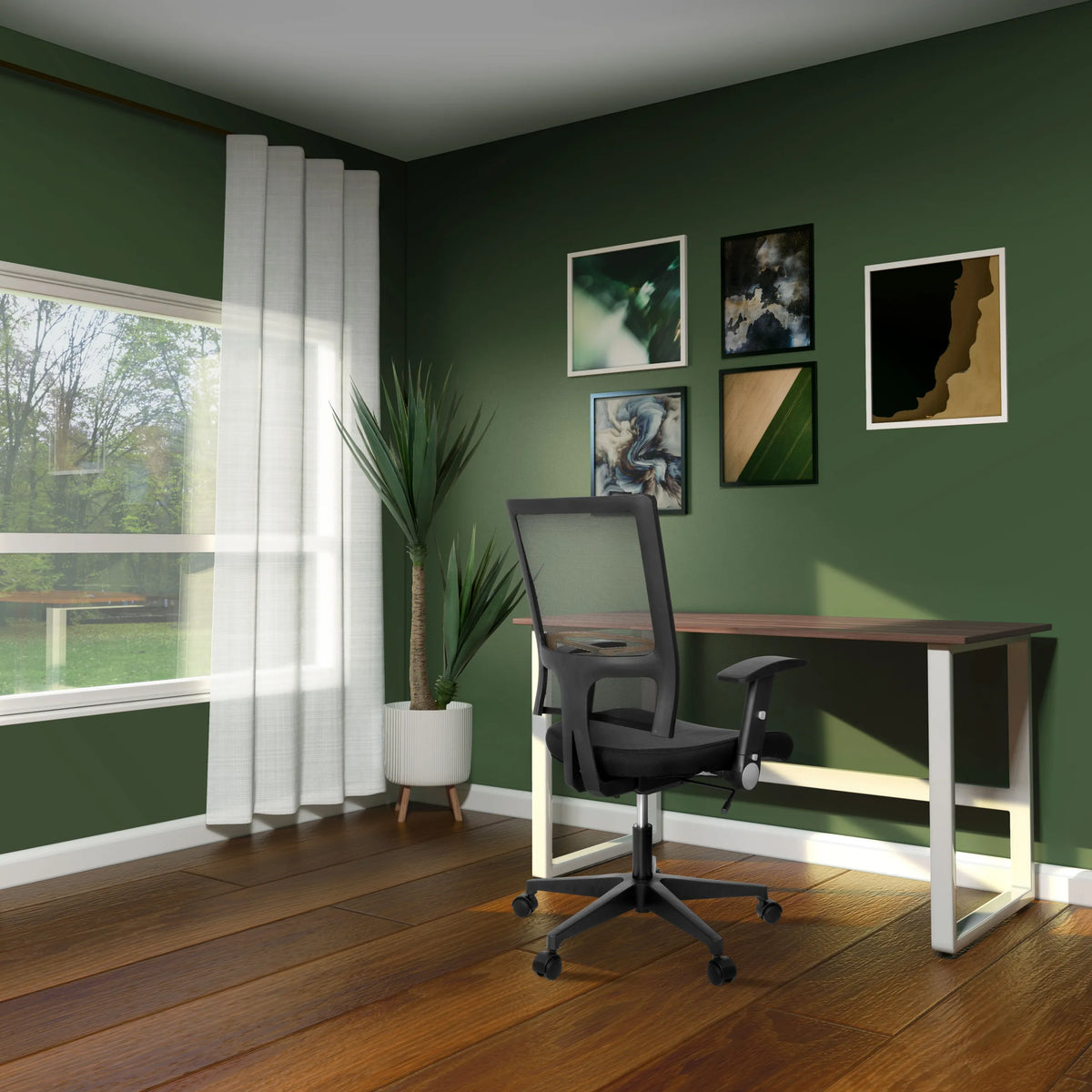 Bureau WORKSPACE LIGHT I en noyer et blanc avec piétement blanc dans un bureau vert de hjh OFFICE