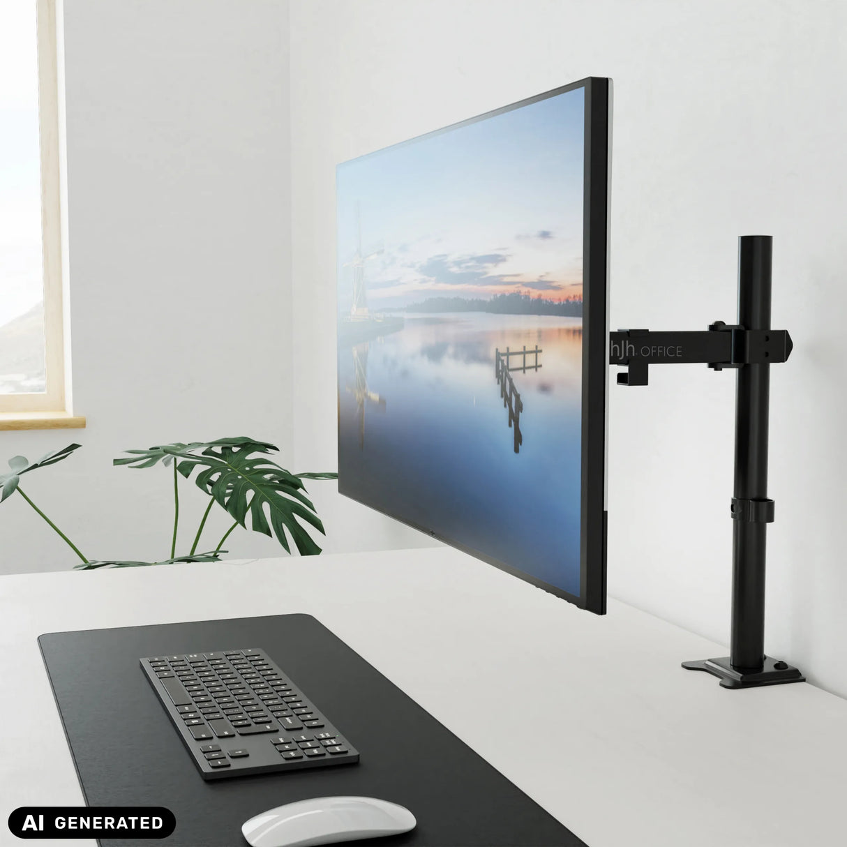 Fixation pour écran Ergomount M1 noire avec un écran fixé à un bureau de hjh OFFICE (image générée par IA)