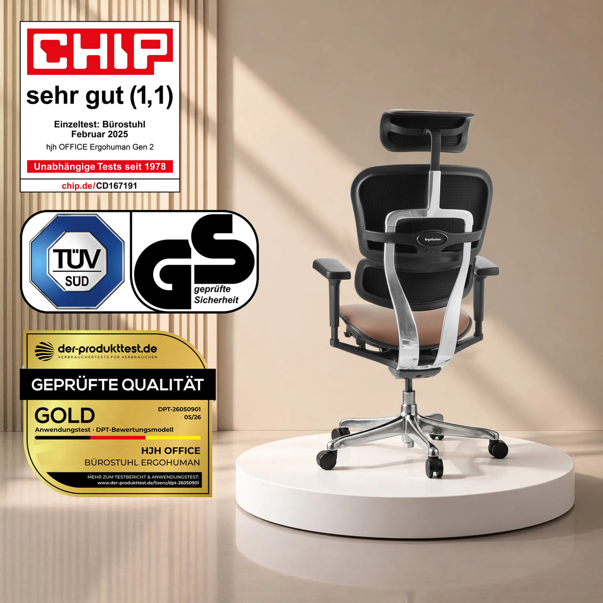 Siège de direction de luxe ERGOHUMAN ULTRA L GEN2 en marron avec dossier en maille et appui-tête sur un socle blanc de hjh OFFICE