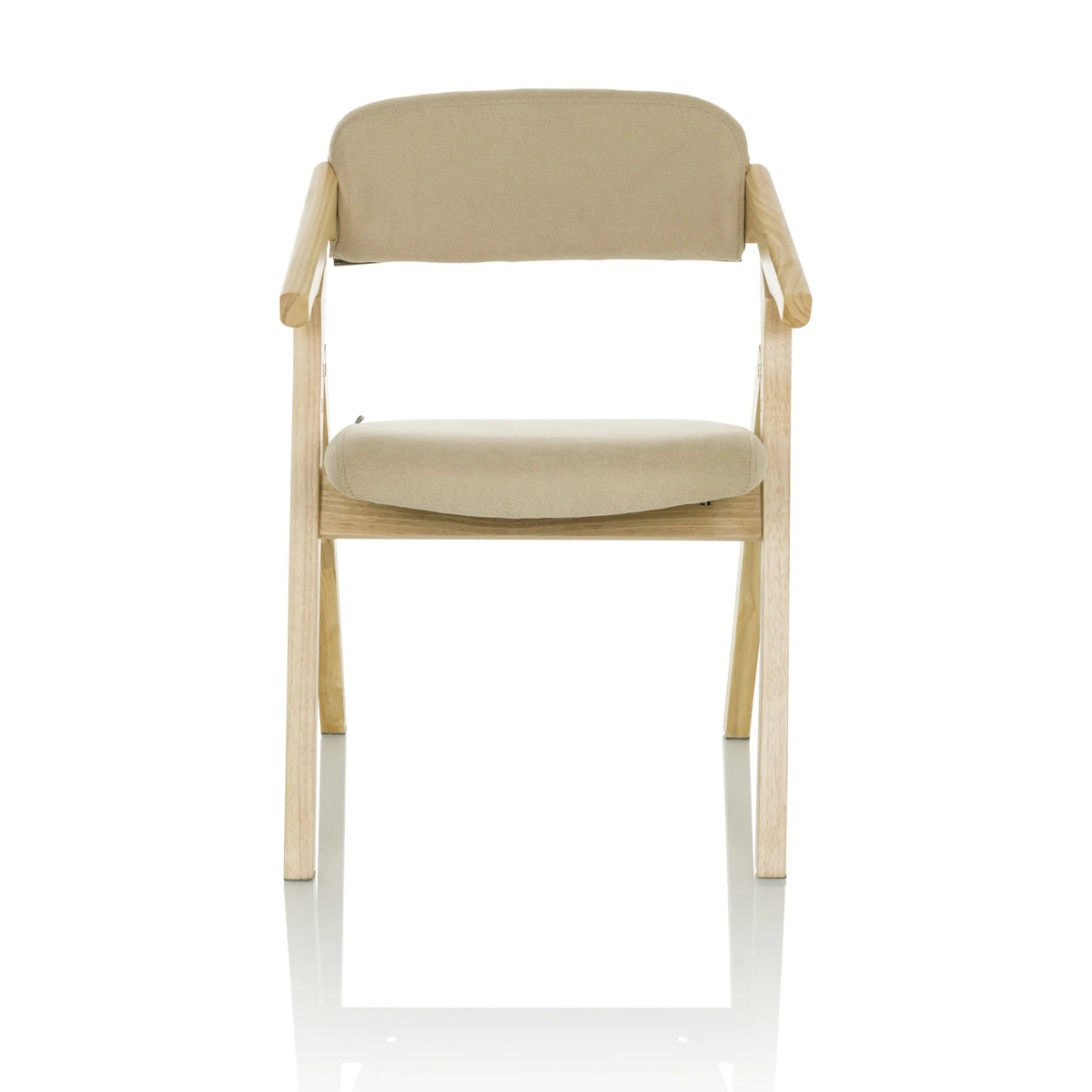 Chaise pliante SCANDIO beige avec accoudoirs et structure en bois de hjh OFFICE – vue à 360° (vue de face 0°)