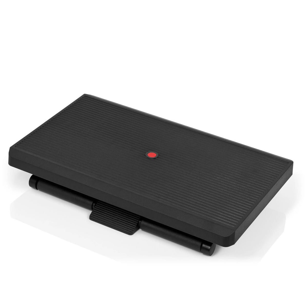 Repose-pieds PIEDINO STRIPE PRO noir avec surface striée et bouton rouge de hjh OFFICE – vue à 360° (vue de face 16°)