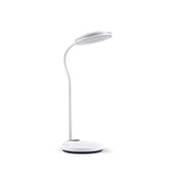 Lampe de bureau Lumanova D5 blanche avec un pied rond et une tête de lampe plate et circulaire de hjh OFFICE – vue à 360° (vue de face 15°)