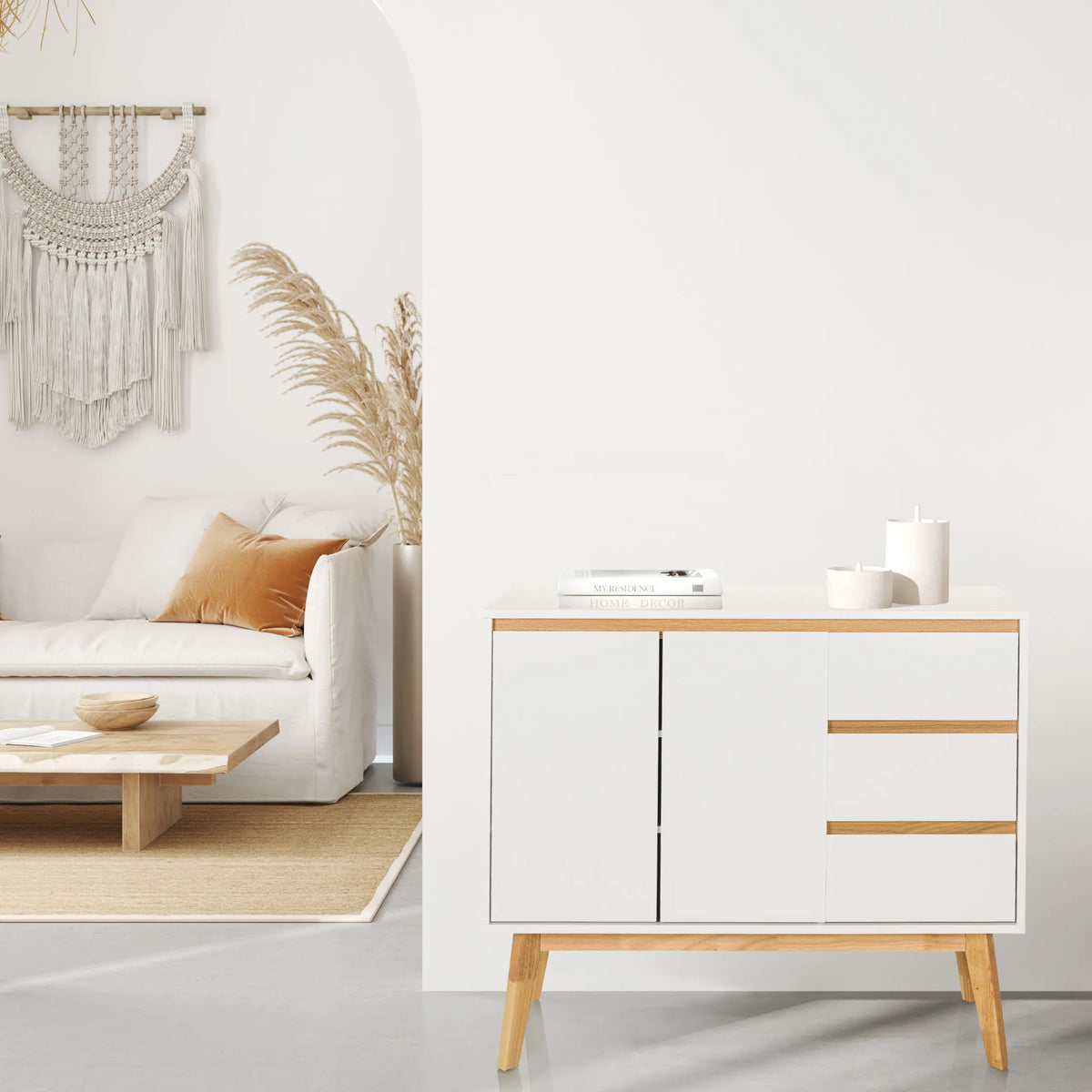 Buffet blanc TAROLO I avec trois tiroirs et deux portes sur pieds en bois de hjh LIVING