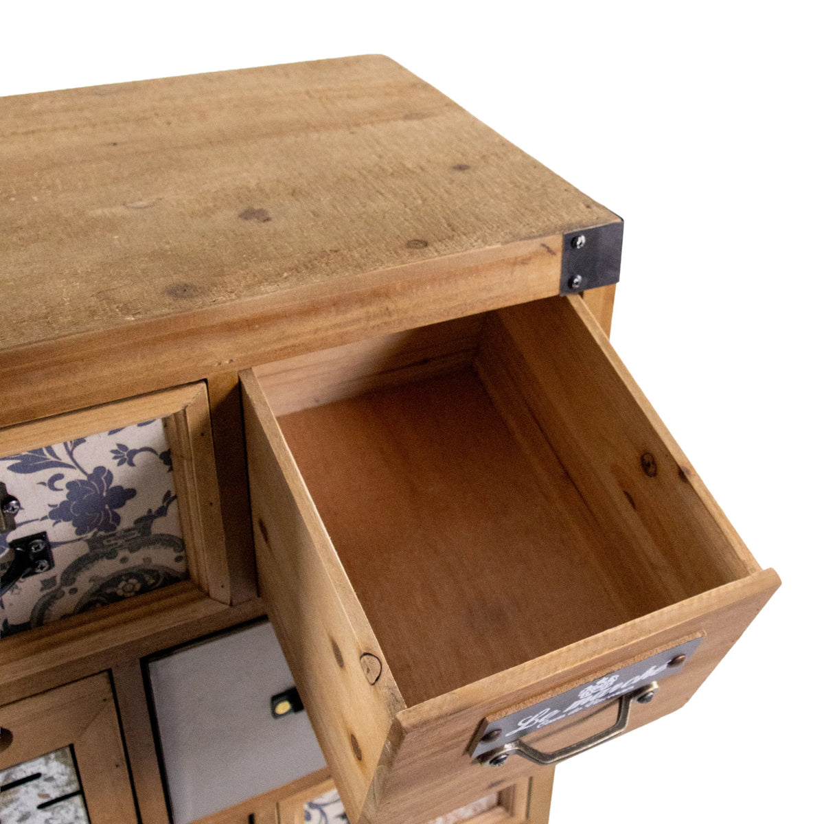 Espace tiroir ouvert du buffet CONTINENTO S en bois marron foncé avec poignée en métal de hjh LIVING