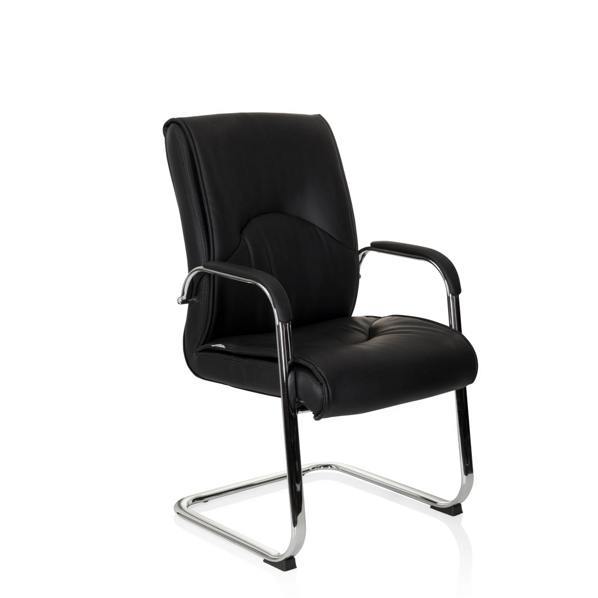 Chaises cantilever SOVRANO V noire avec accoudoirs et piètement luge chromé de hjh OFFICE – vue à 360° (vue de trois quarts avant 40°)