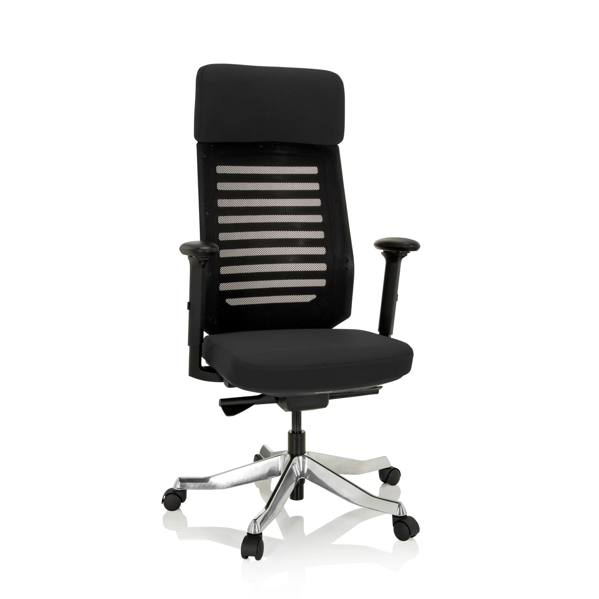 Siège de bureau de qualité professionnelle ASGON noir avec dossier en maille et piètement à cinq roulettes de hjh OFFICE – vue à 360° (vue de face 20°)