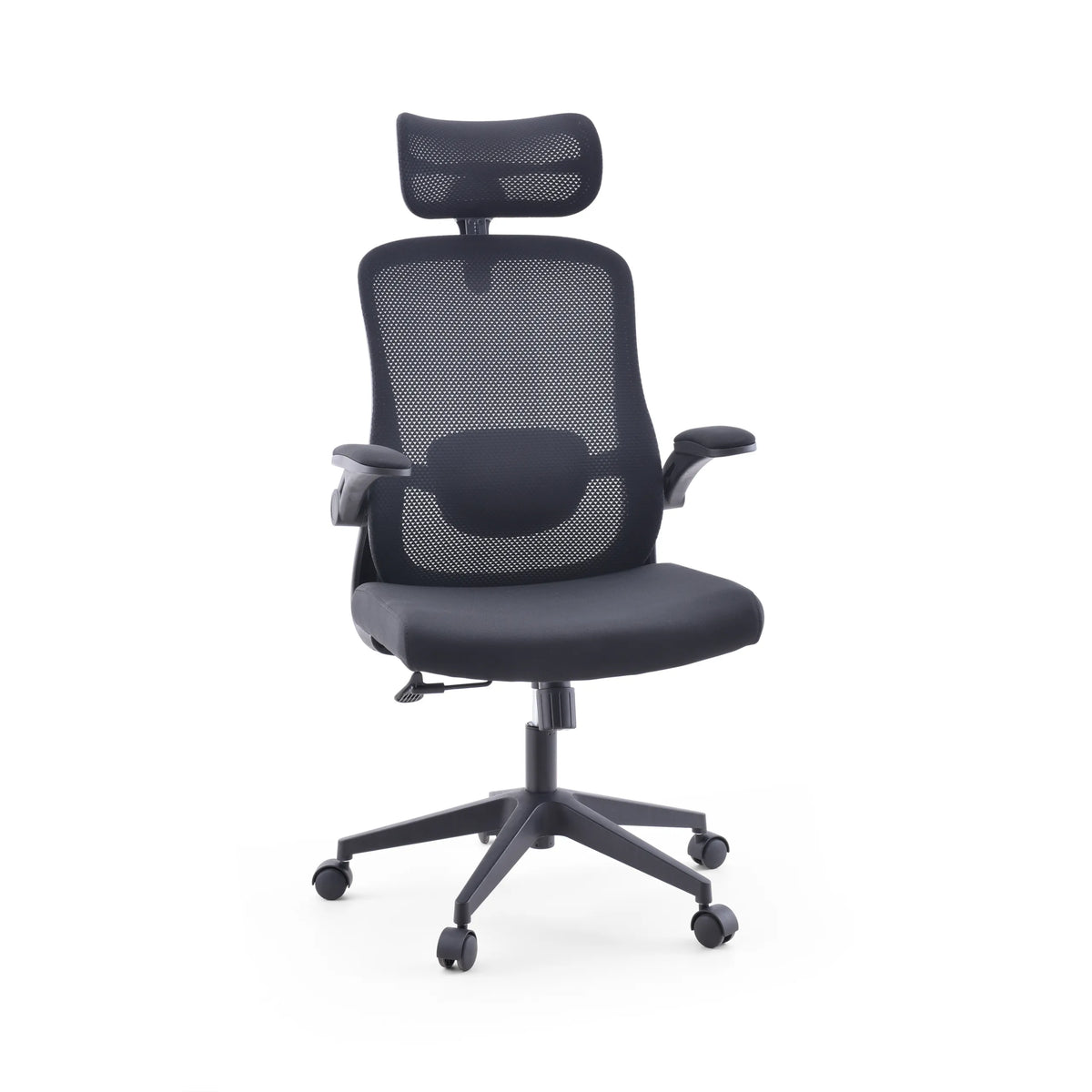 Siège de bureau à domicile Vertuflex noir avec dossier en maille et base à cinq roulettes de MyBuero – vue à 360° (vue de face 15°)